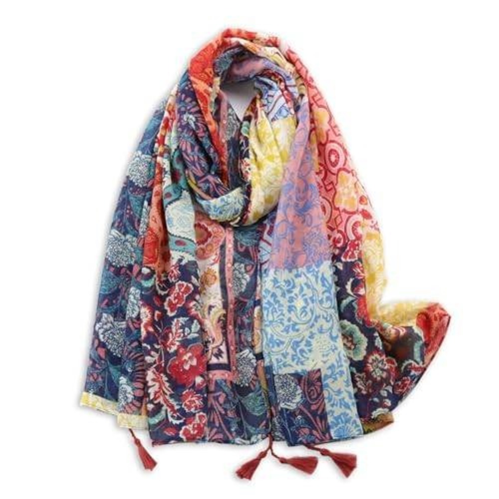 Boho Patchwork Floral Paisley Tassel Scarf Multi Color Lightweight Wrap